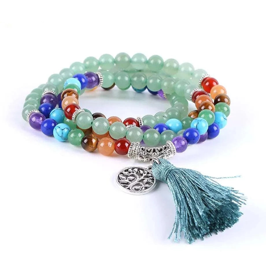 Beautiful Natural Stone Mala Beads with Silver Charm & Tassel