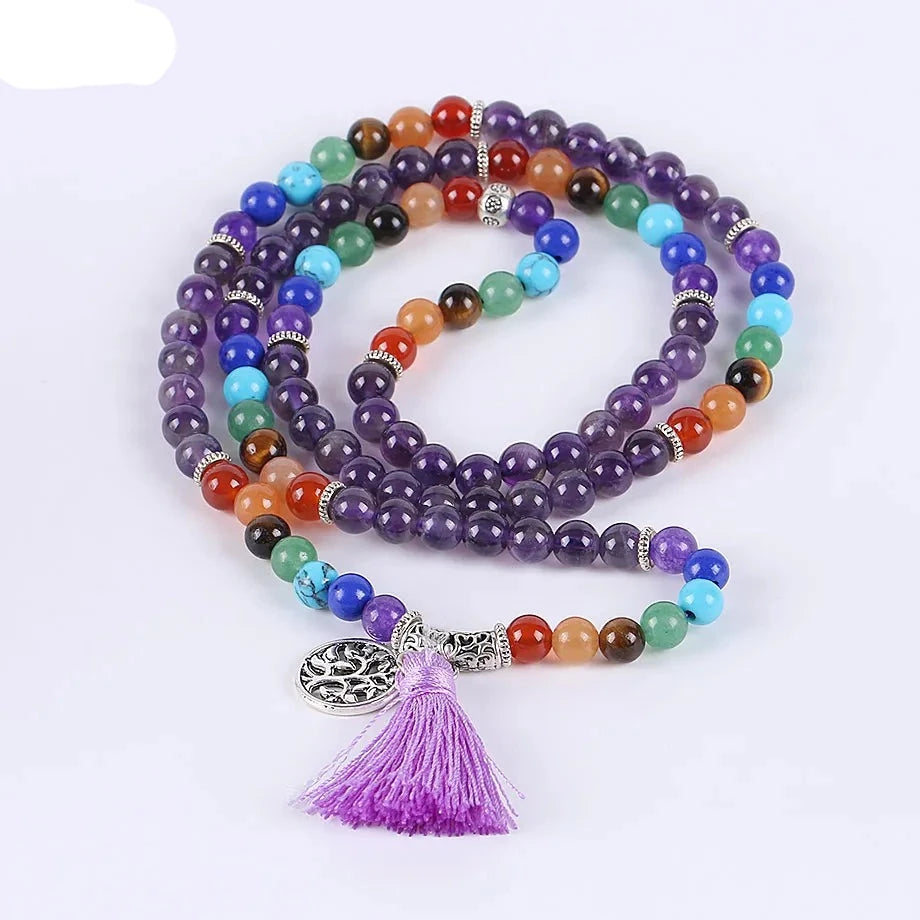 Natural Purple Quartz 7 Chakra Mala Beads with Tassel & Charm