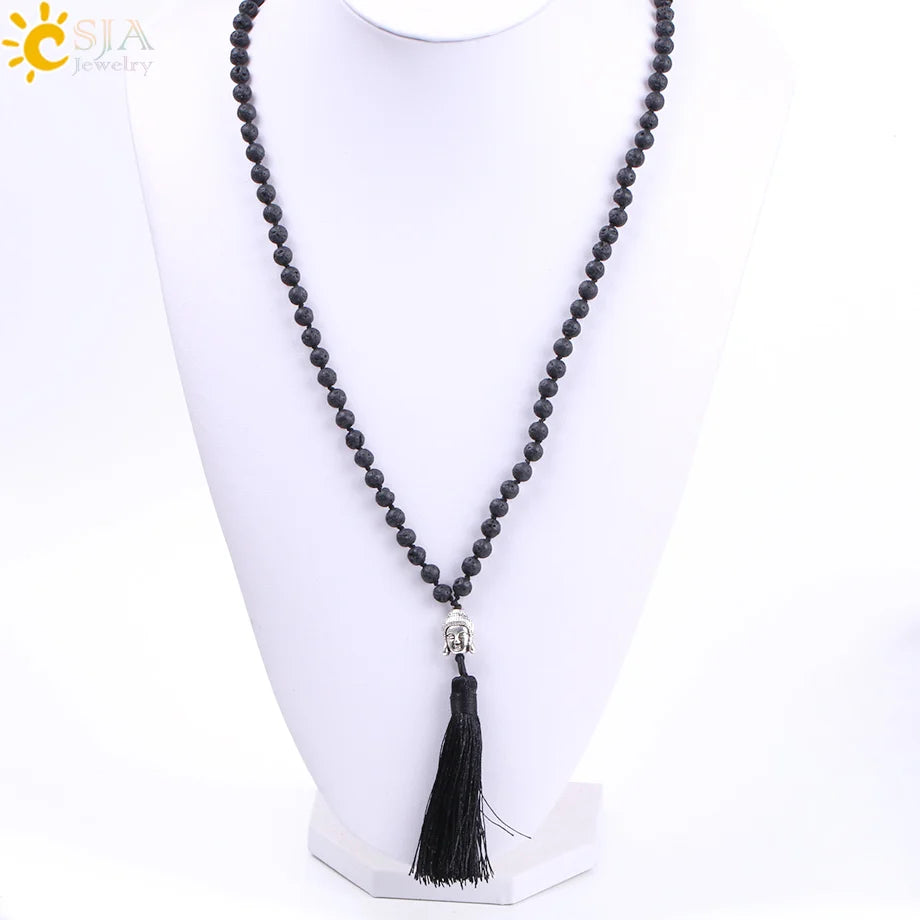 Natural Black Lava Volcano Mala Beads with Silk Tassel & Silver Buddha Charm