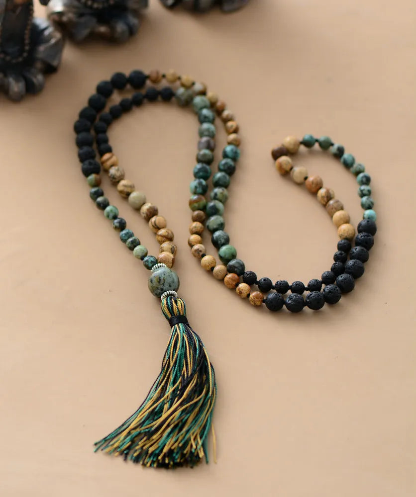 Natural Lava Stone Mala Beads with Tassel