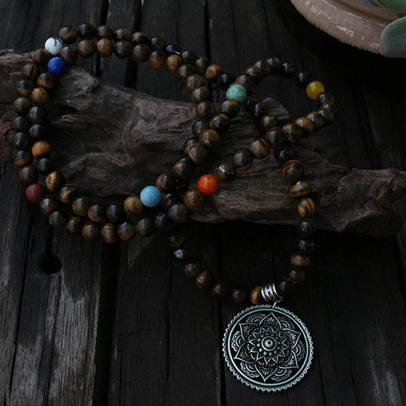 Tigers Eye, 8 Chakras, Lotus Mala Beads