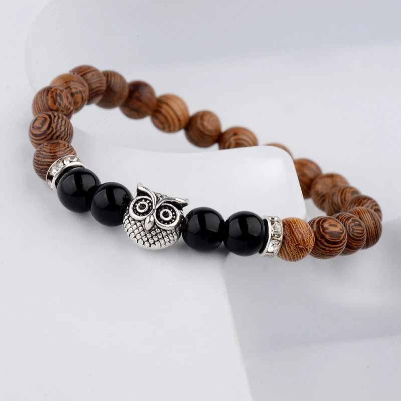 Wooden Bead Bracelets with Owl Charm