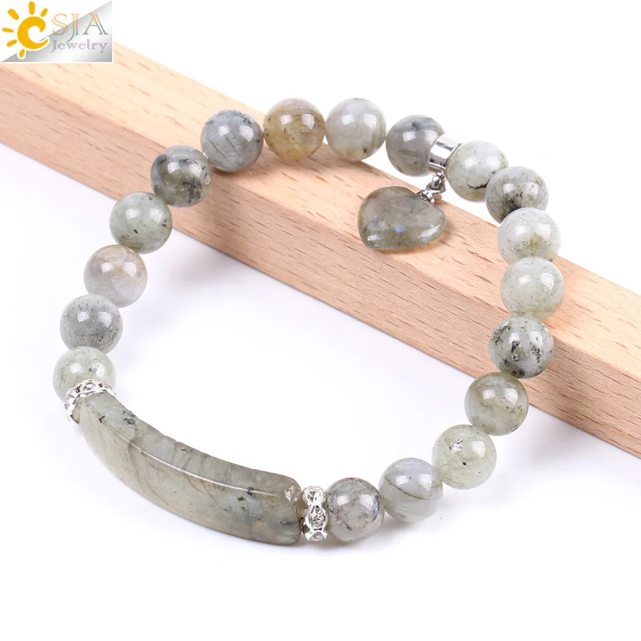 Natural Labradorite Handmade Bracelet with Rectangle Love Heart Charm