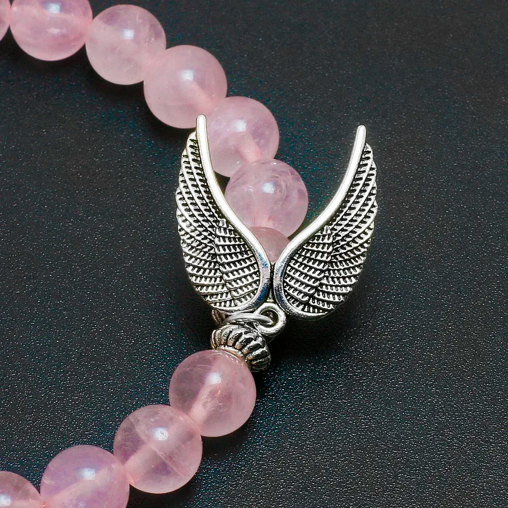 Natural Pink Quartz Bracelet with Angel Wings Charm