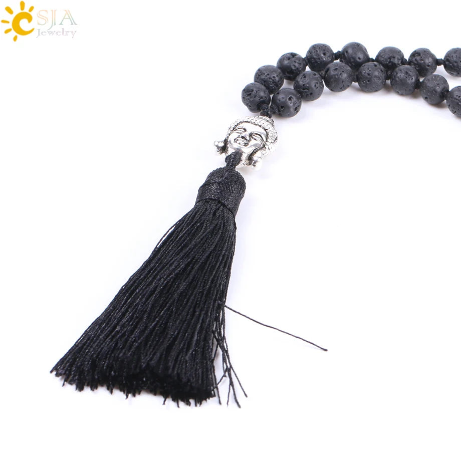 Natural Black Lava Volcano Mala Beads with Silk Tassel & Silver Buddha Charm