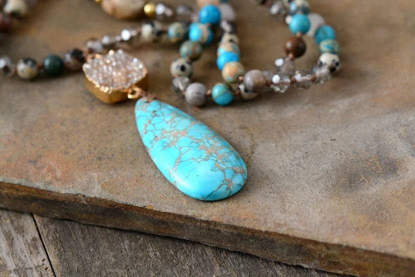 Natural Druzy Teardrop Crystal Mala Beads