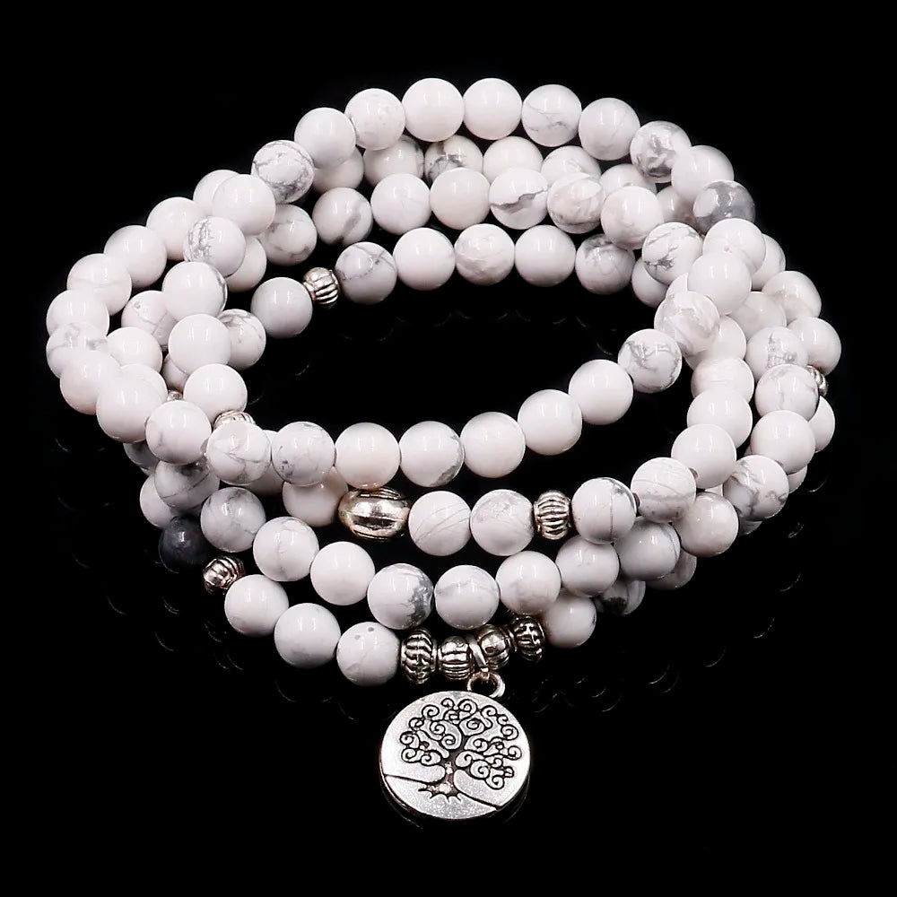 White Howlite Mala Beads with Lotus Charm