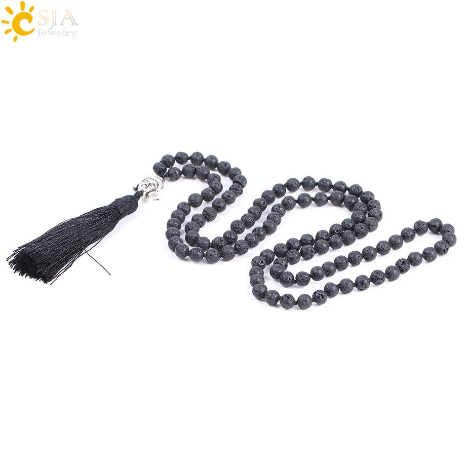 Natural Black Lava Volcano Mala Beads with Silk Tassel & Silver Buddha Charm