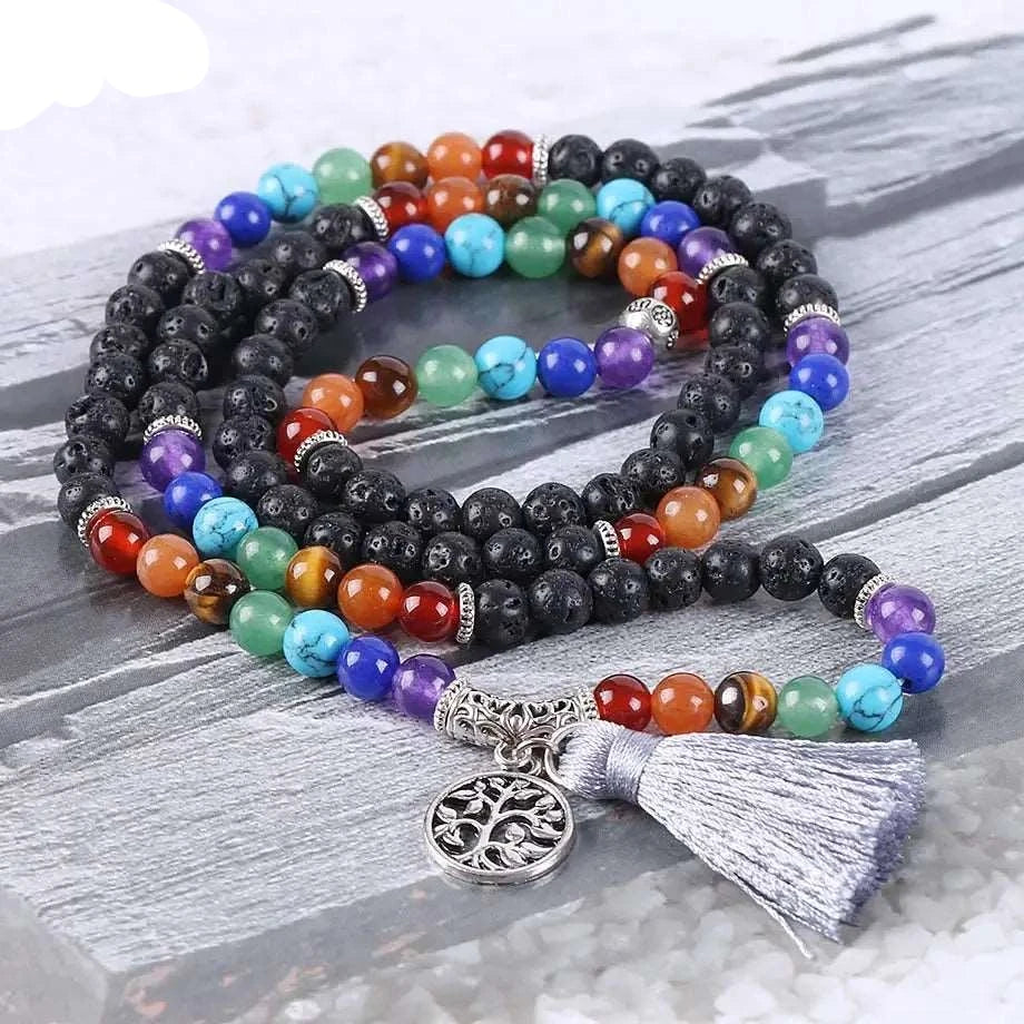 7 Chakra Natural Black Lava Rock Mala Beads with Tassel