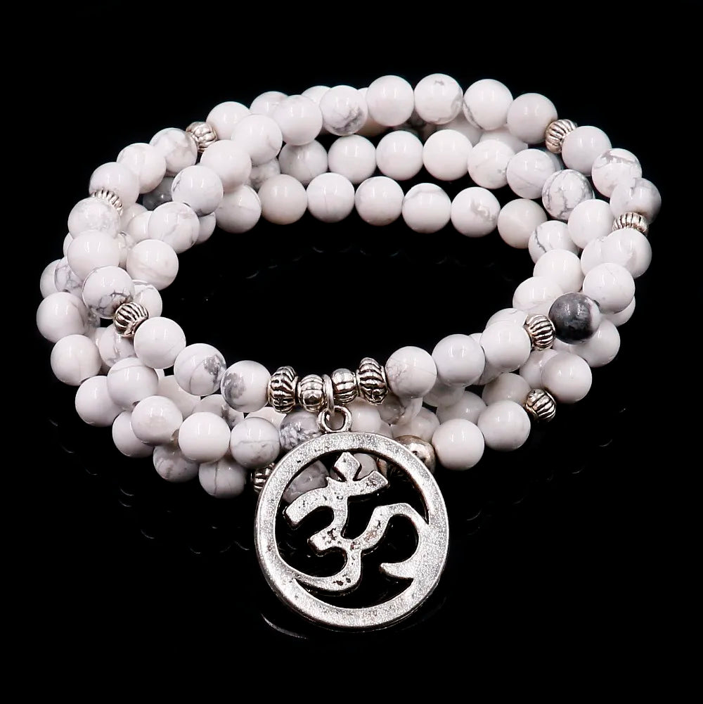 White Howlite Mala Beads with Lotus Charm