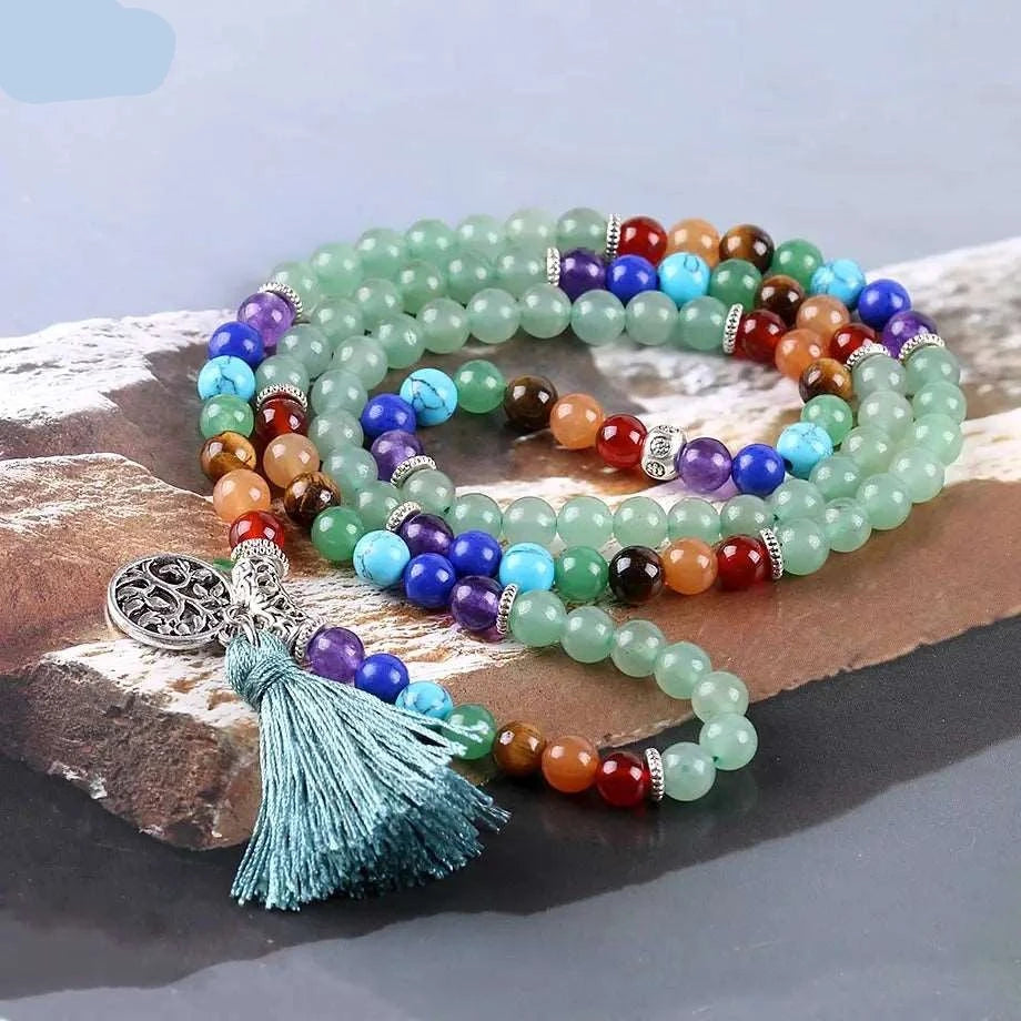 Beautiful Natural Stone Mala Beads with Silver Charm & Tassel