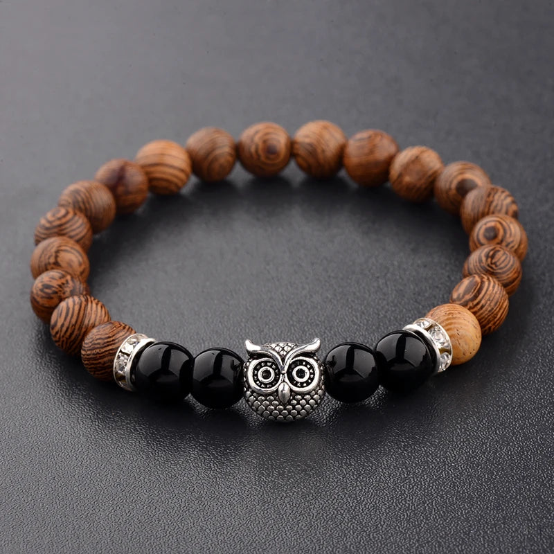 Wooden Bead Bracelets with Owl Charm