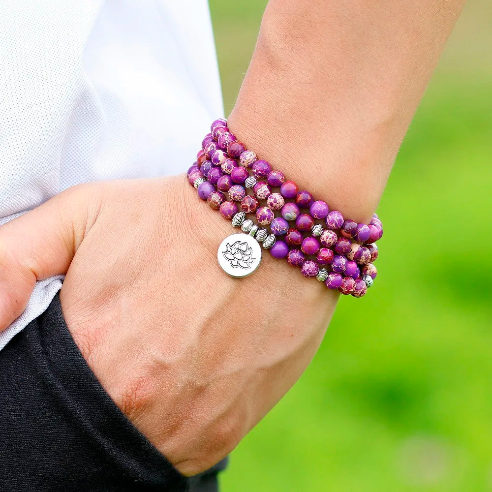 Natural Purple Sea Sediment Stone Mala Beads with Charm