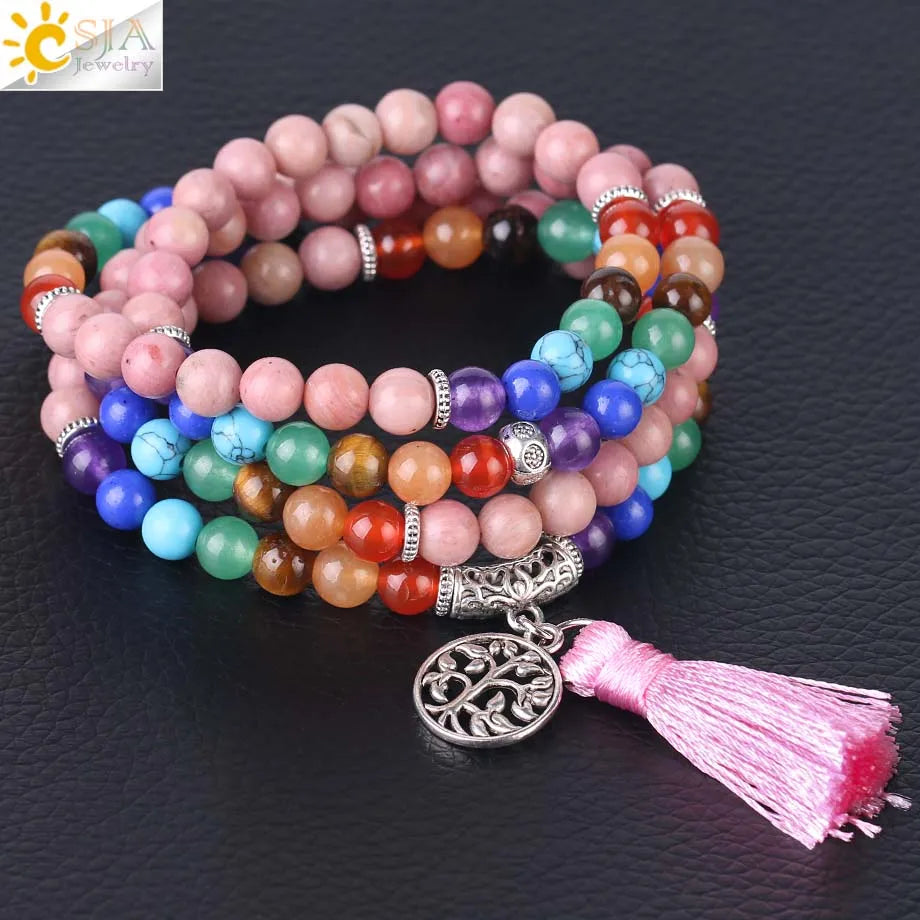 Natural Rhodonite Mala Beads with Tassel & Tree of Life Charm