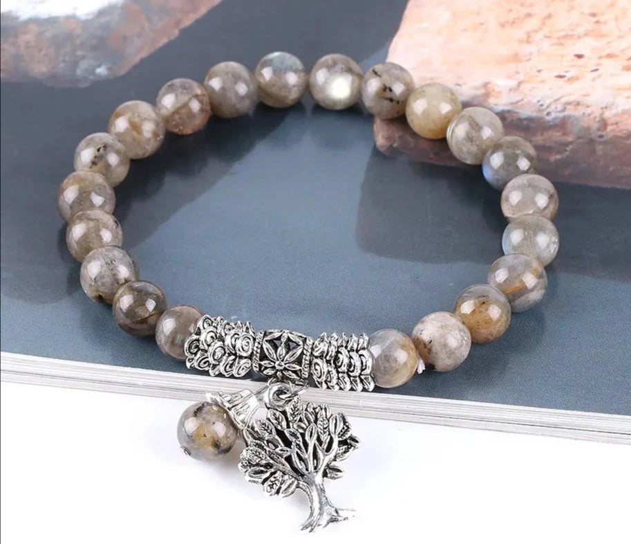 Natural Labradorite Spectrolite Bracelet with Tree of Life Charm