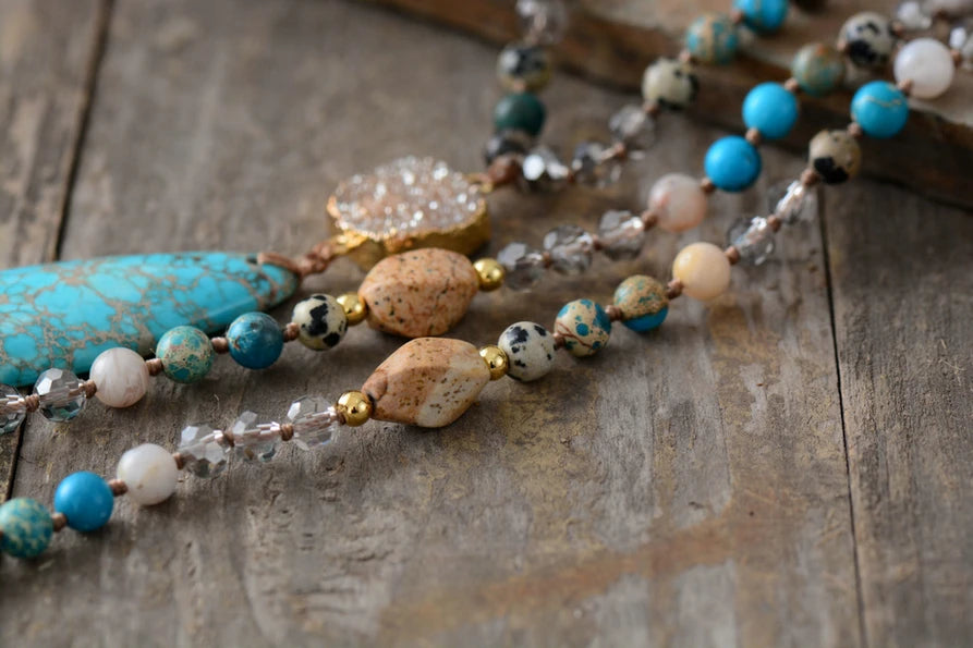 Natural Druzy Teardrop Crystal Mala Beads