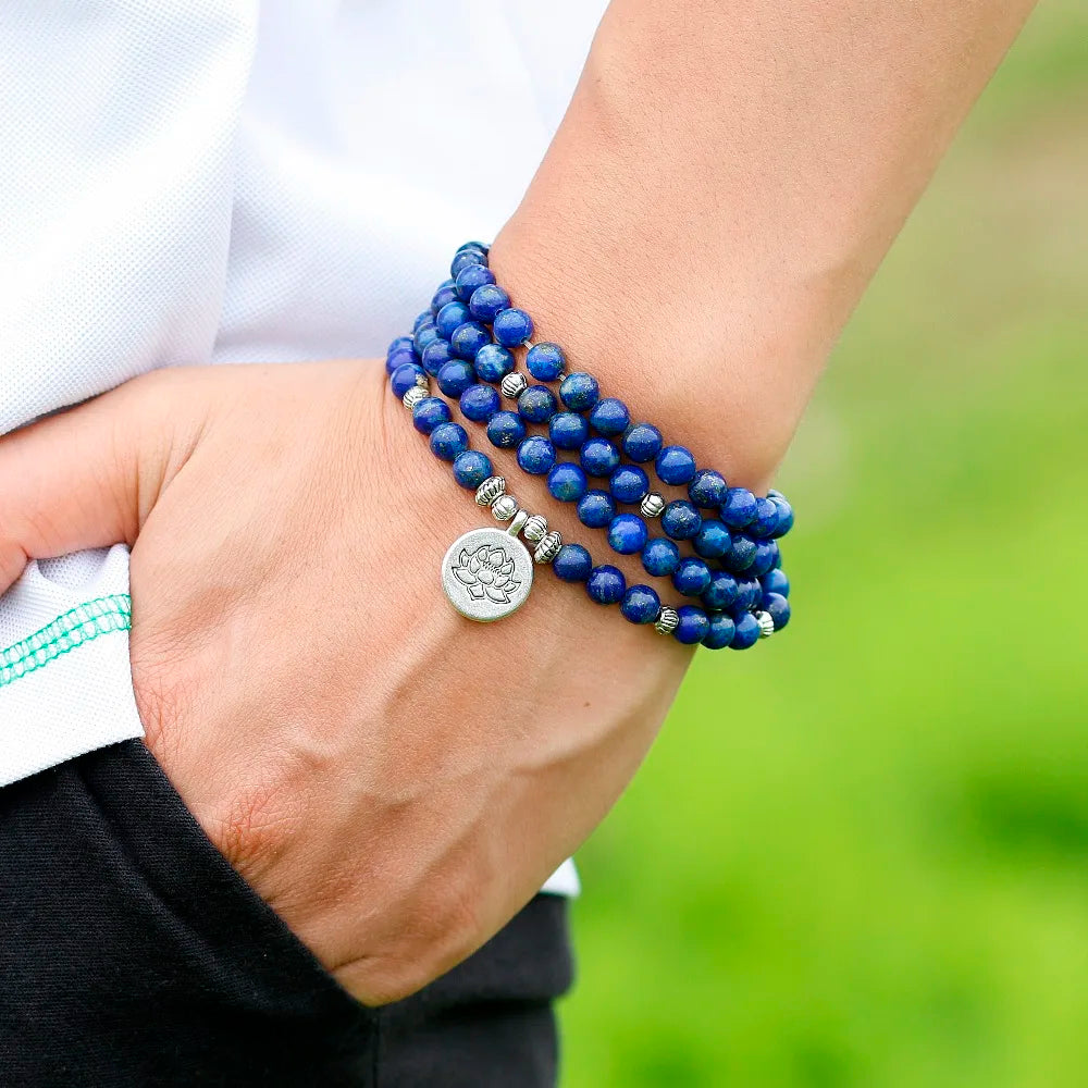 Natural Lapis Lazuli Mala Beads with Tibetan Healing Charms