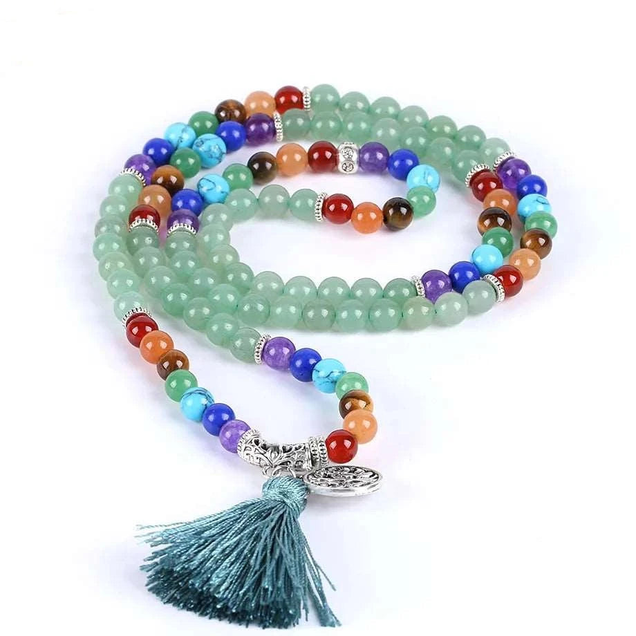 Beautiful Natural Stone Mala Beads with Silver Charm & Tassel