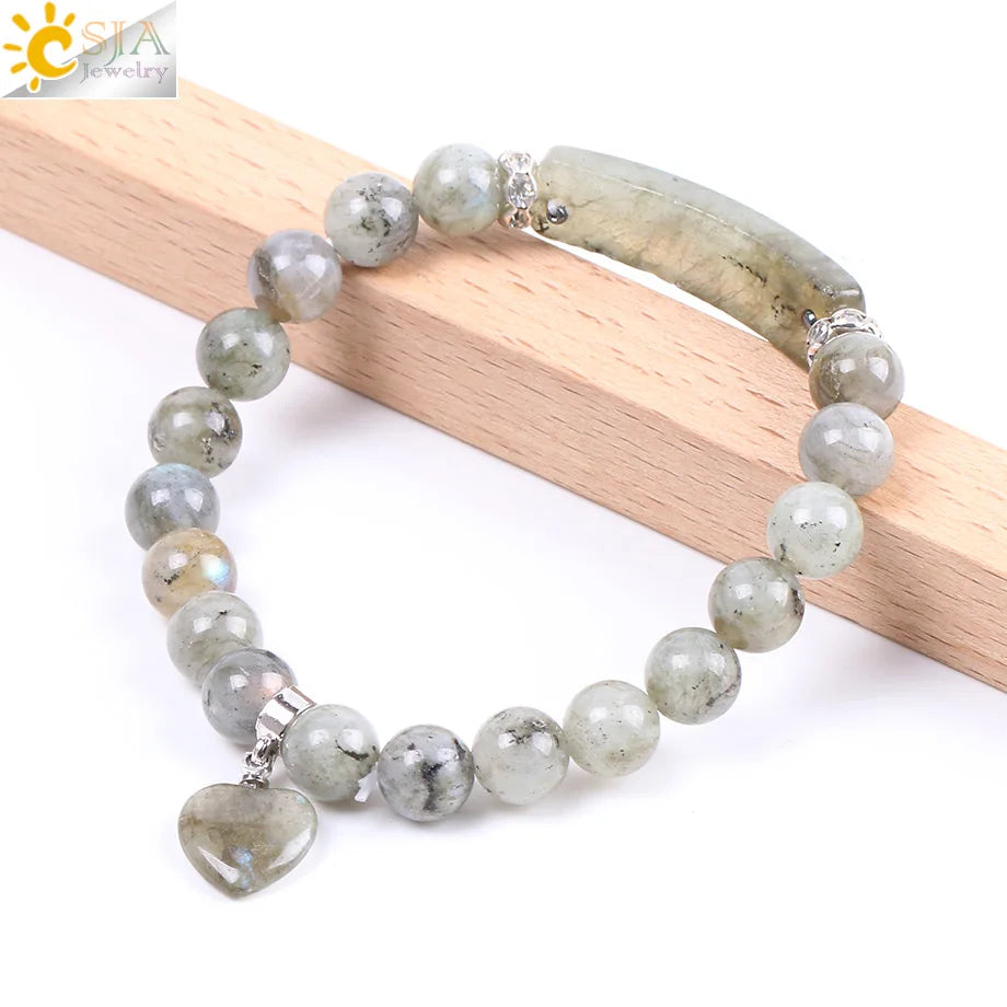 Natural Labradorite Handmade Bracelet with Rectangle Love Heart Charm