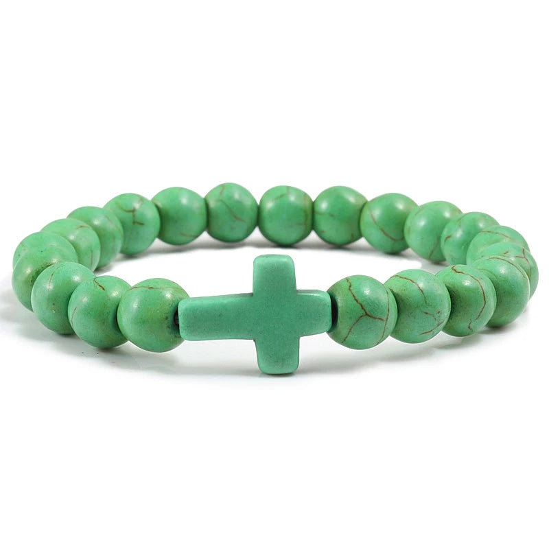 Natural Stone Beaded Bracelet with Cross Charm