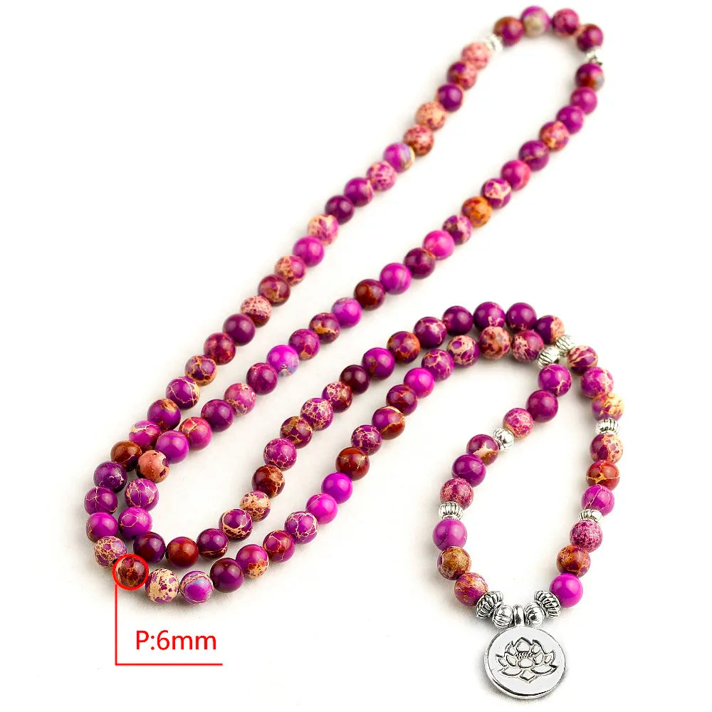 Natural Purple Sea Sediment Stone Mala Beads with Charm