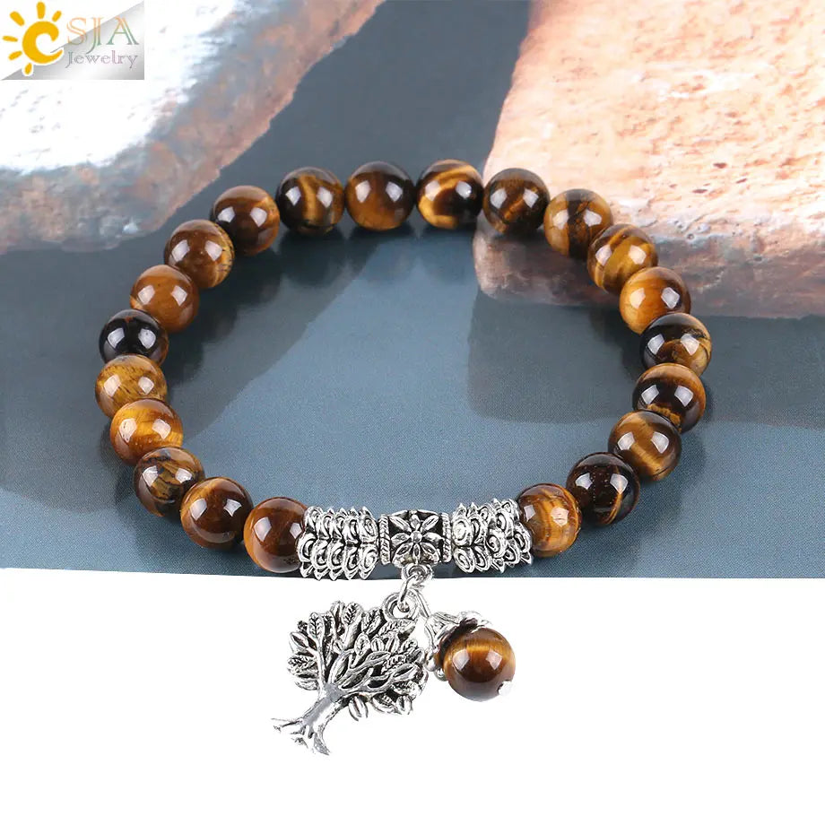 Natural Tiger's Eye Bracelet with Tree of Life Charm Life with Energy for Luck