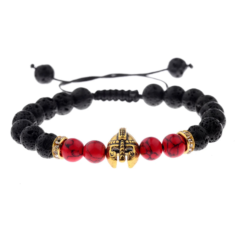 Natural Lava Stone Roman Knight Spartan Warrior Gladiator Helmet Bracelet Stone Bead