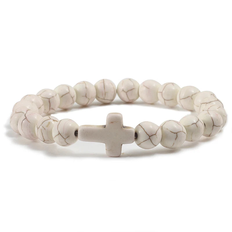 Natural Stone Beaded Bracelet with Cross Charm