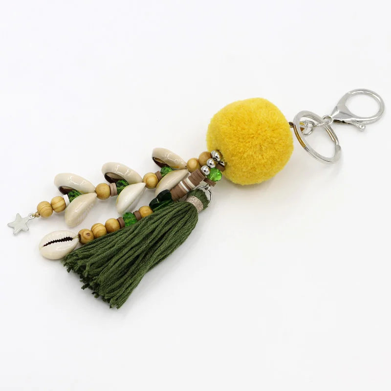 Bohemian Shell Tassel Pompom Beaded Keychain