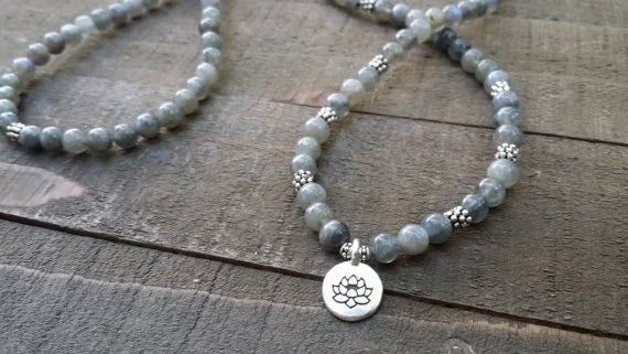 Labradorite Mala Beads with Lotus Charm