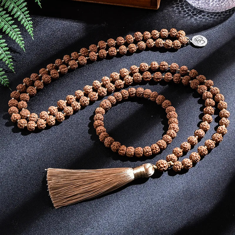 Original Rudraksha Japamala Mala Bead Necklace with Charm & Tassel