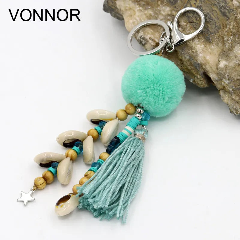 Bohemian Shell Tassel Pompom Beaded Keychain