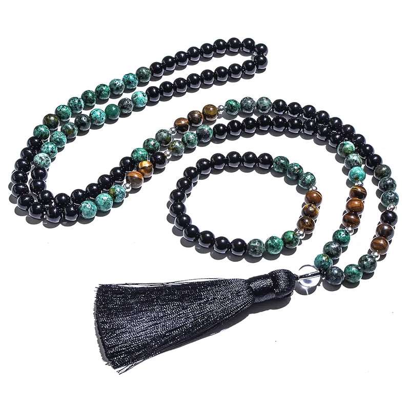 African Turquoise, Black Agate, Yellow Tiger's Eye, Mala Bead Necklace + Bracelet