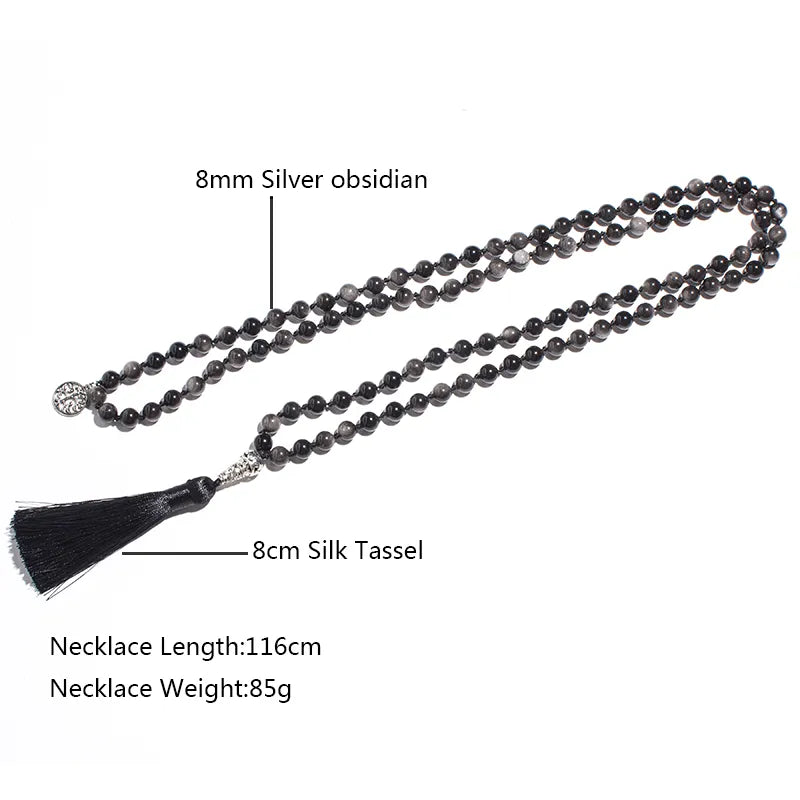 Natural Obsidian Mala Bead Necklace with Tree of Life Charm