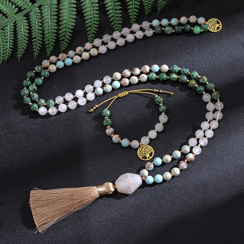 White Jade, African Turquoise & Emperor Jasper Mala Beads Japamala Necklace