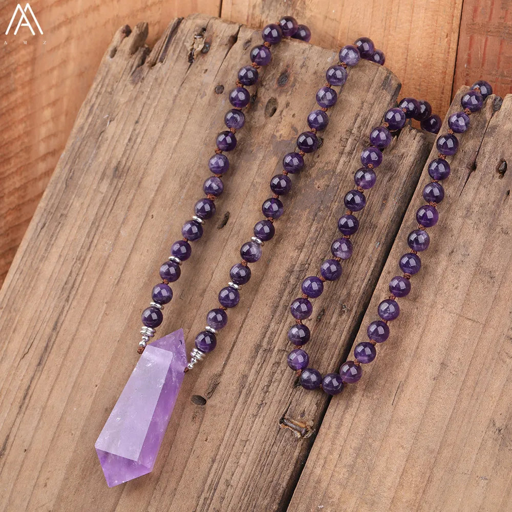 Natural Amethyst Mala Beads with Beautiful Point Pendant Feature