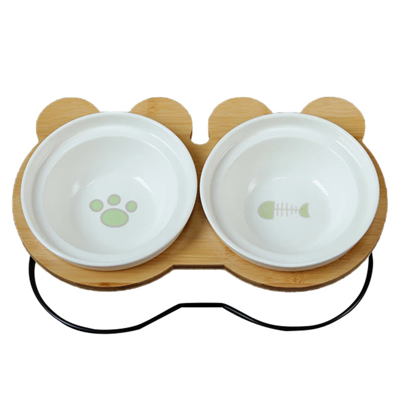 Eco Friendly Pet Bamboo Shelf with Ceramic Feeding & Drinking Bowls