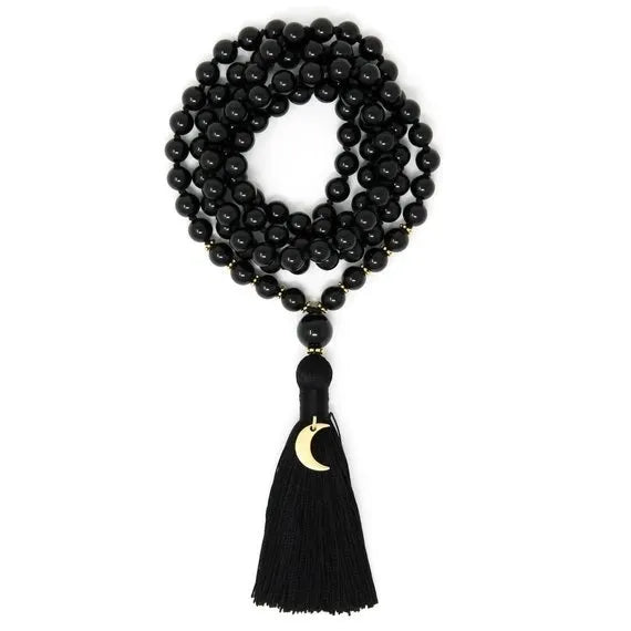 Black Tourmaline Mala Beads with Moon Energy