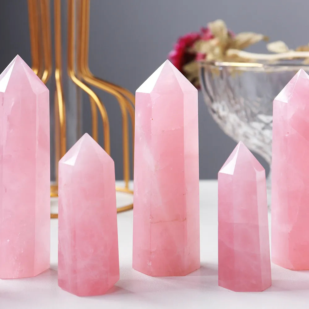 Natural Rose Quartz Crystal Hexagonal Prism Wand