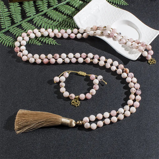 Pink Opal Mala Beads With Tassel & matching Bracelet with Charm