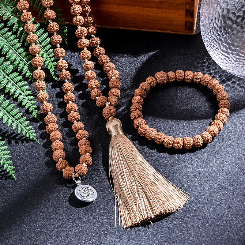 Original Rudraksha Japamala Mala Bead Necklace with Charm & Tassel