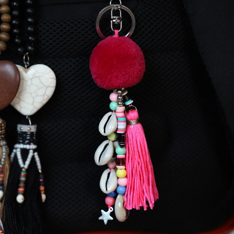 Bohemian Shell Tassel Pompom Beaded Keychain