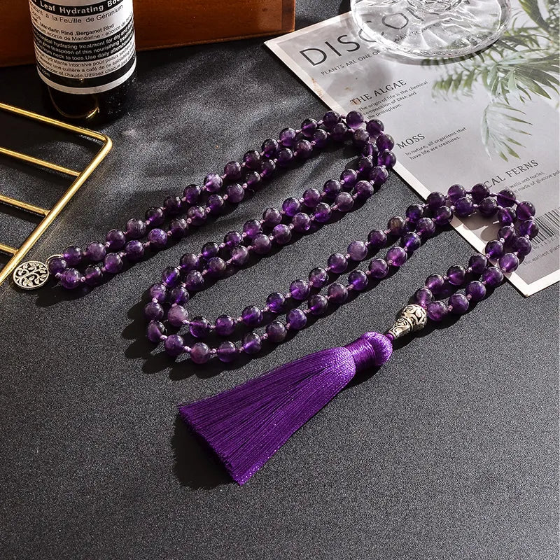 Natural Amethyst Mala Bead Necklace with Charm & Tassel