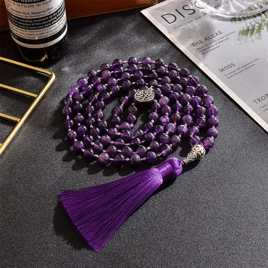 Natural Amethyst Mala Bead Necklace with Charm & Tassel