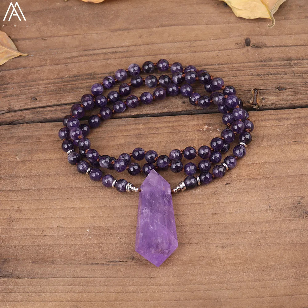 Natural Amethyst Mala Beads with Beautiful Point Pendant Feature