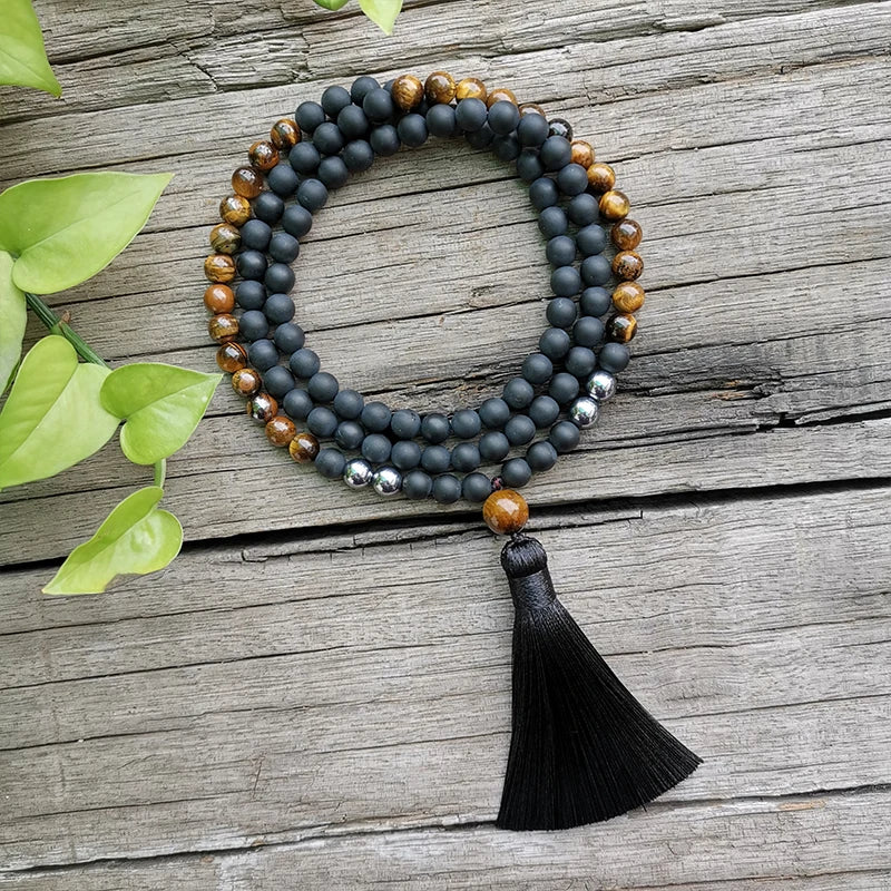 Matte Black Onyx & Tigers Eye Mala Beads with Healing Energy