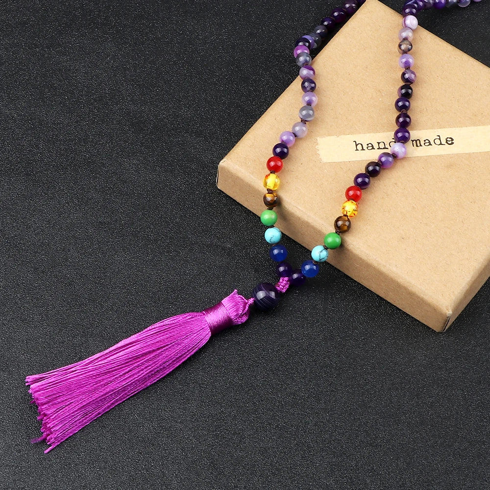 Natural Purple 7 Chakra Mala Beads with Tassel