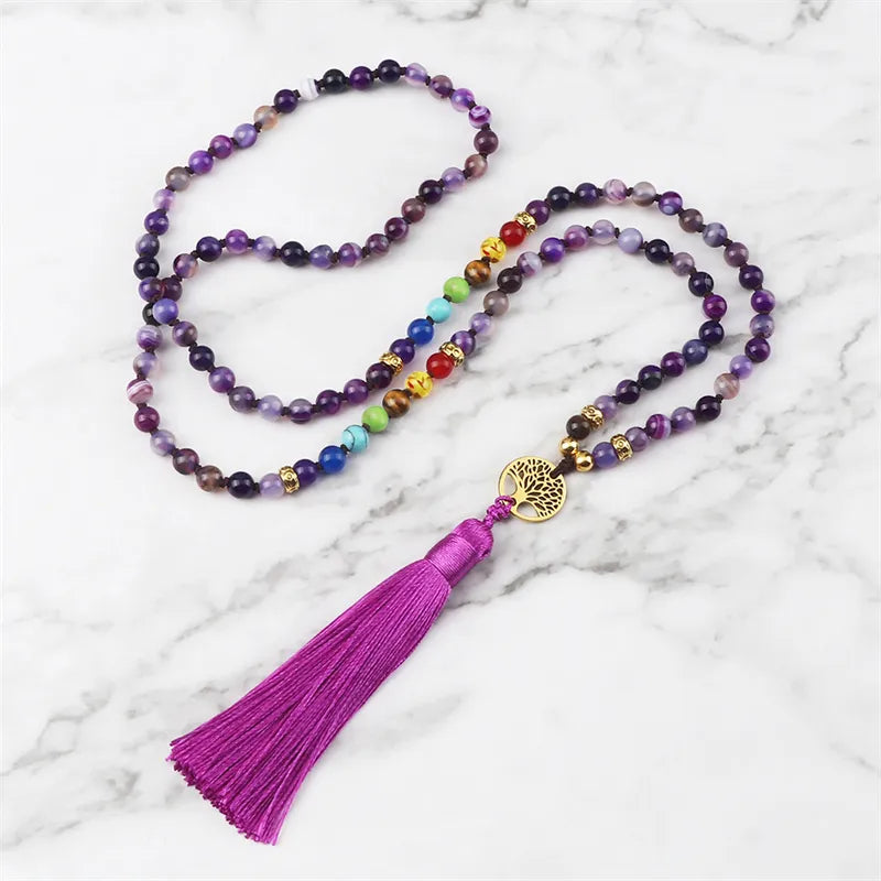 Natural Purple Agate Stone Mala Beads with Long Tassel