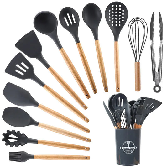 Eco-Friendly Silicone Kitchen Utensils Set with Wooden Handles