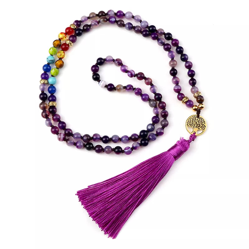 Natural Purple Agate Stone Mala Beads with Long Tassel